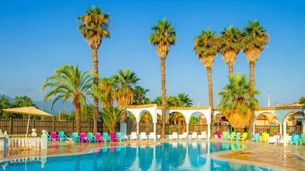 Ein Swimmingpool mit klarem, blauem Wasser, umgeben von Palmen und bunten Liegestühlen.