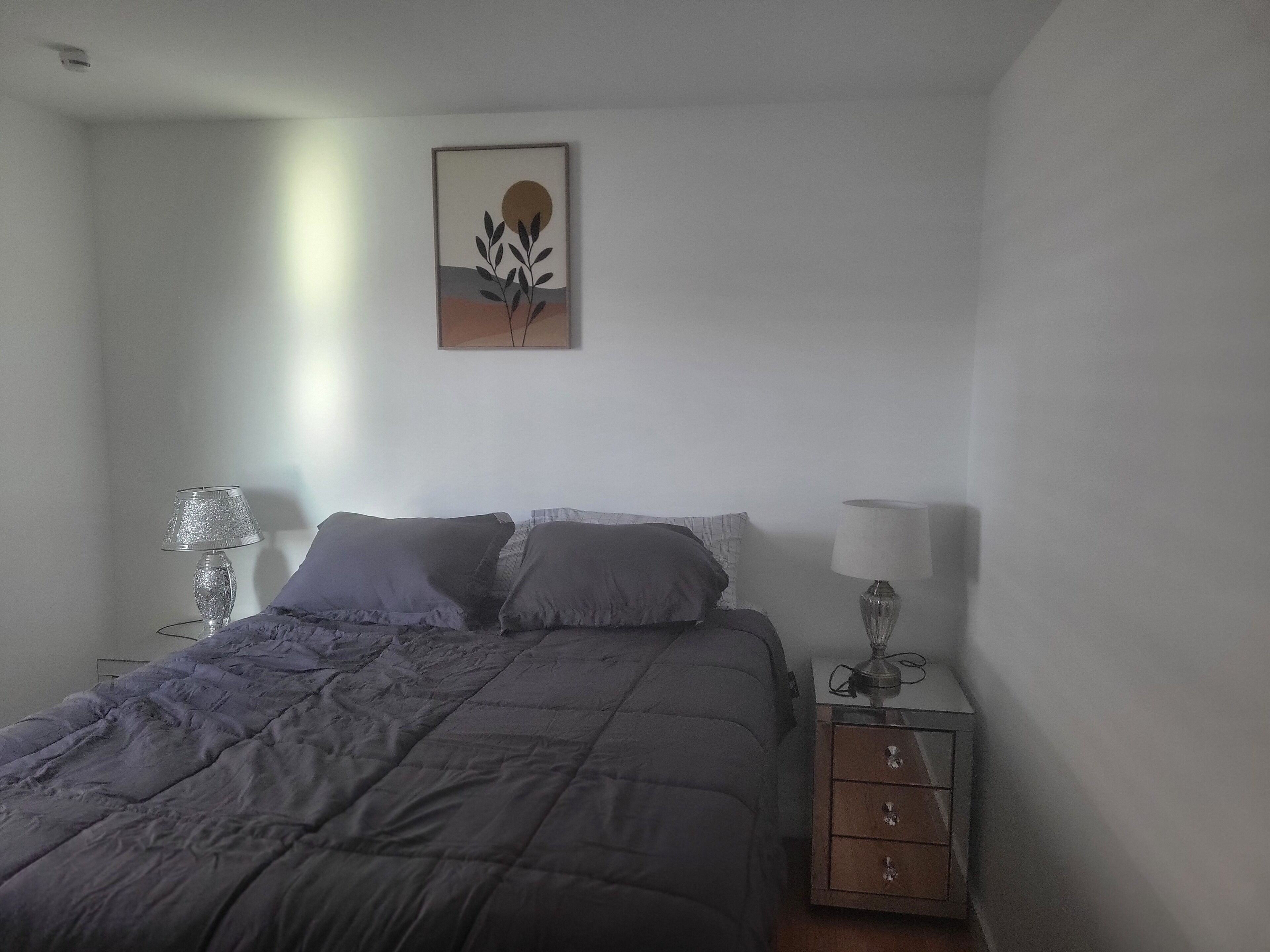 A bedroom with a bed, two bedside tables, a lamp, and a wall-mounted picture.