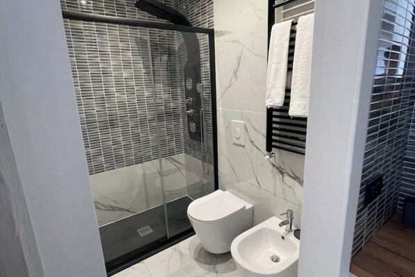 Hair dryer, bidet, towels, soap