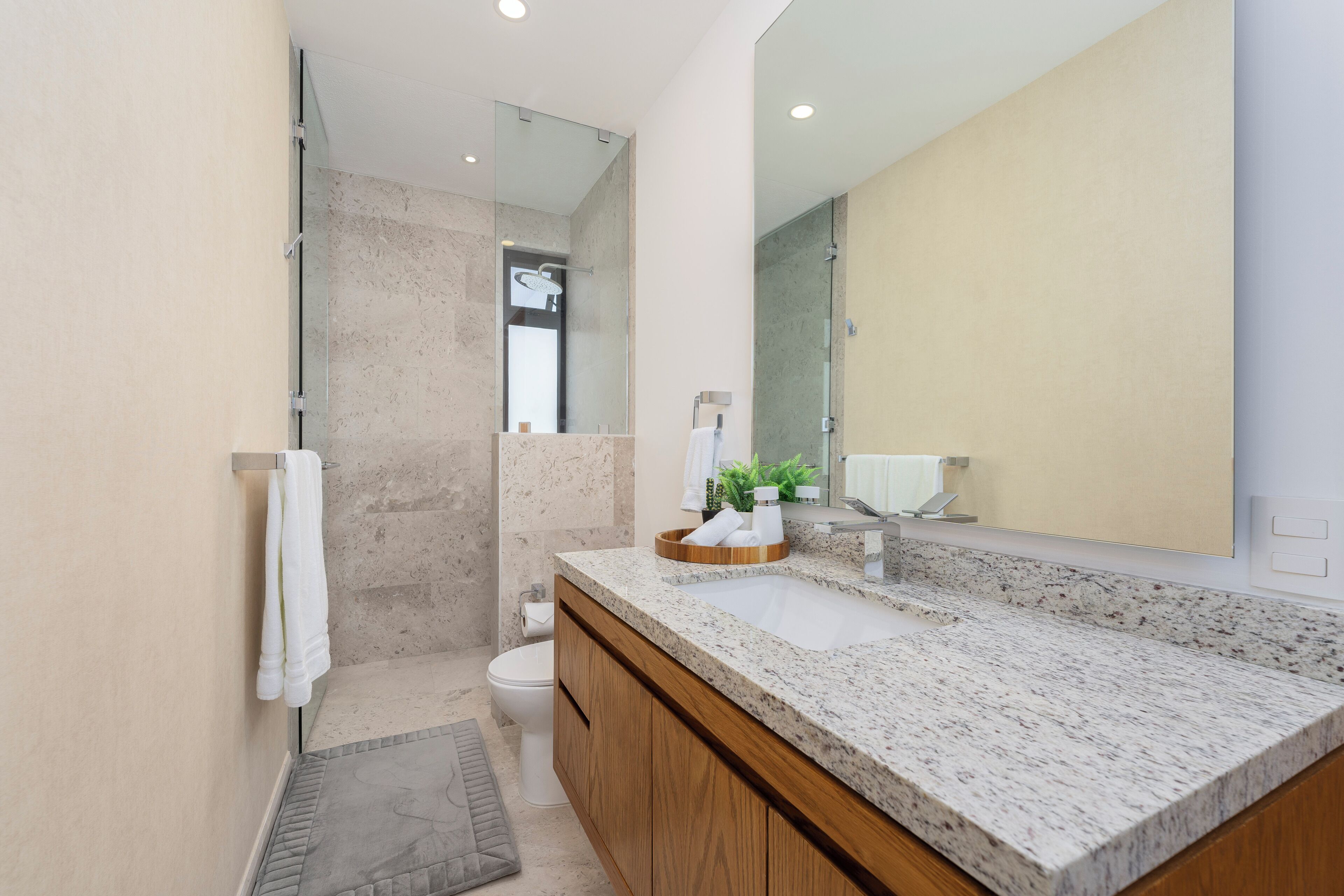 A modern bathroom with a granite countertop, wooden cabinets, a large mirror, and a glass shower enclosure.