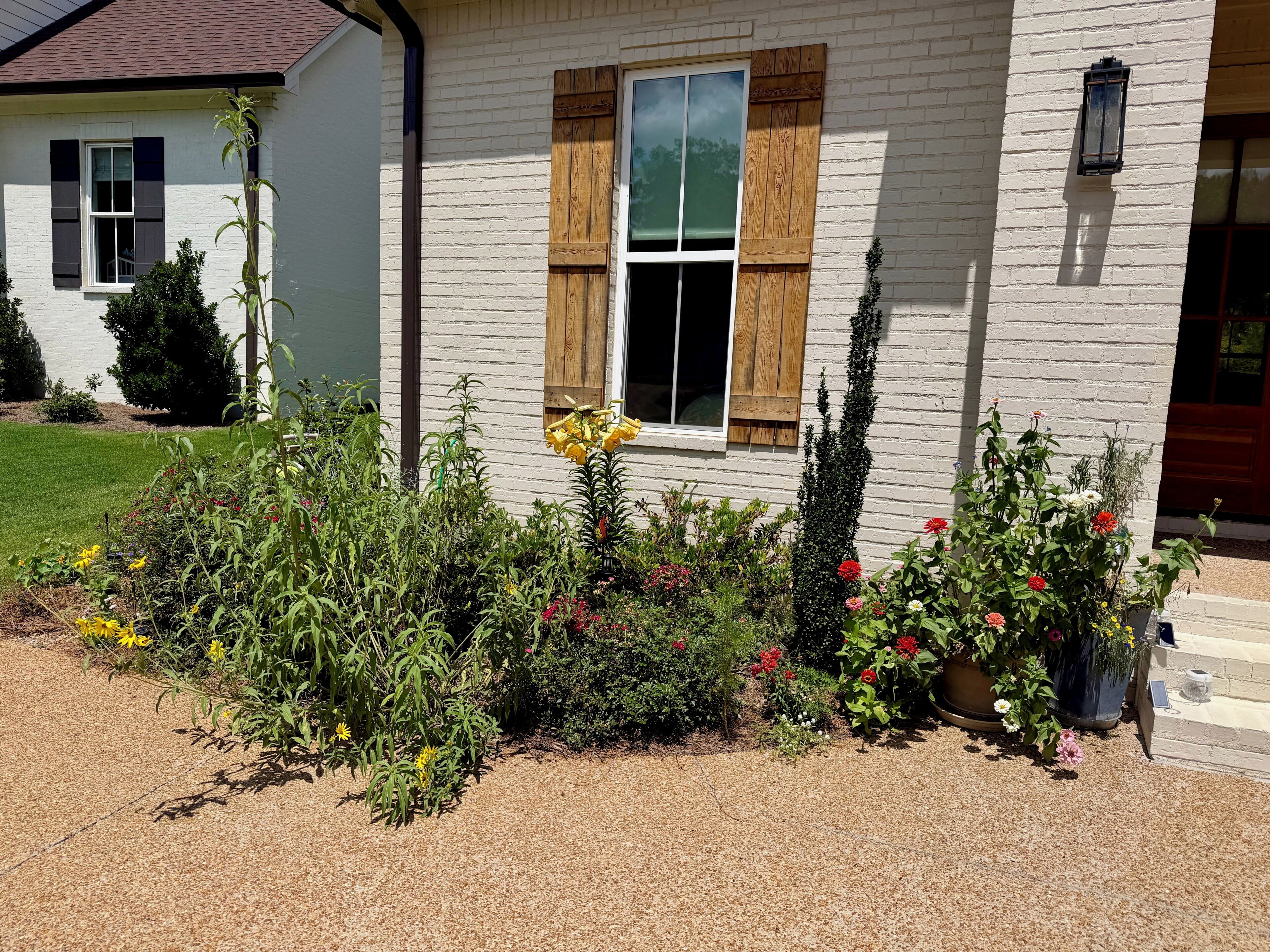 Een huis met een witte gevel, houten luiken en een tuin vol planten en bloemen.