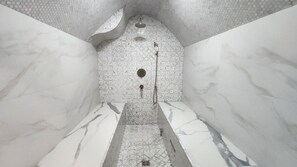 Hamam (steam room) with heated benches, shower, RGB lighting, and Bluetooth speaker. Together with the hot tub, sauna, and meditation/tea room, complete private spa experience! - Mountain Retreat, 6000 Sq. Feet of Luxury and Fun (Campton)