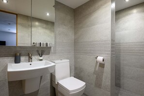 Shower, hair dryer, towels, soap