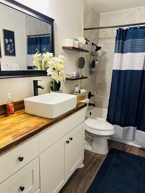 Hair dryer, towels, soap, shampoo