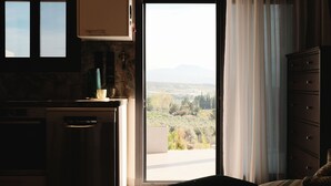 A room with a kitchen area, a large window with a view of a landscape, and a bed.