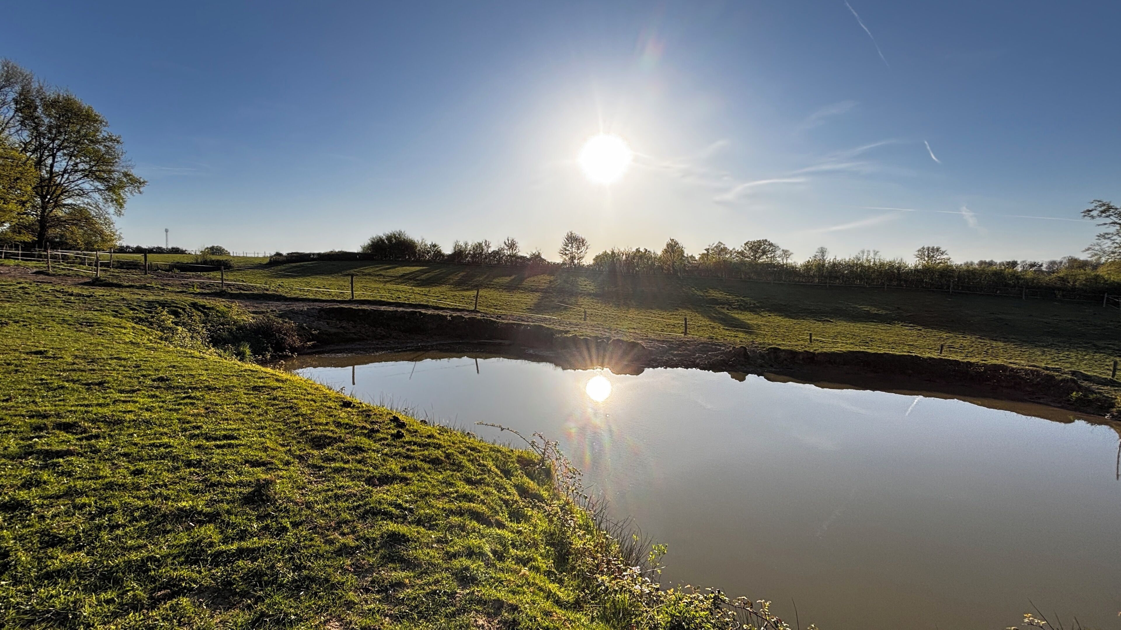 Un paisaje sereno con un estanque que refleja el sol, rodeado de praderas y árboles.