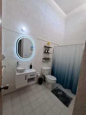 A bathroom with a white sink, a toilet, a mirror with a light, and a shower curtain.