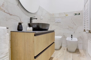 Shower, hair dryer, bidet, towels