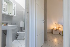 Shower, hair dryer, bidet, towels