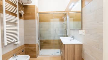 Shower, hair dryer, bidet, towels