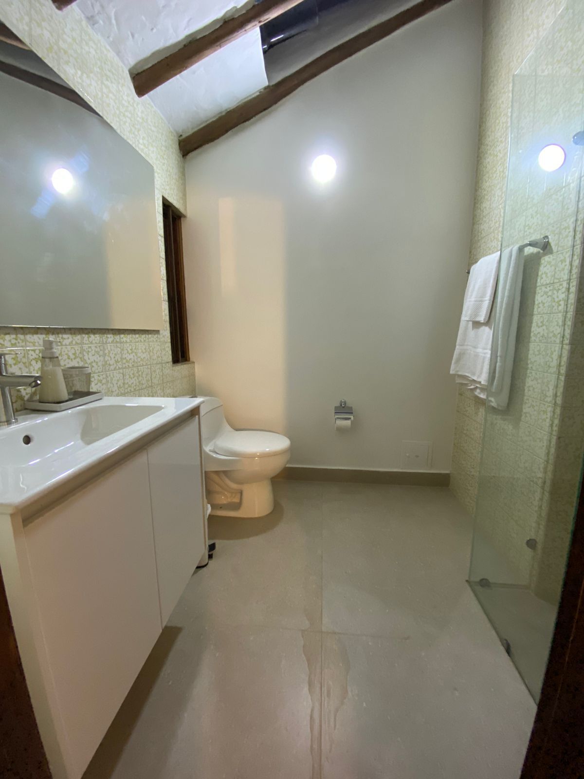 A small, compact bathroom with a toilet, sink, and glass shower enclosure.