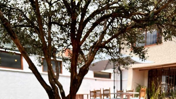 A table with a glass of drink and a bouquet of flowers in front of a sign that reads "BLEAU". - BLAU HOTEL CAFE (Sopó)
