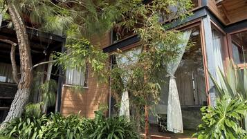 A modern house with large windows, a wooden deck, and lush greenery including trees and plants.