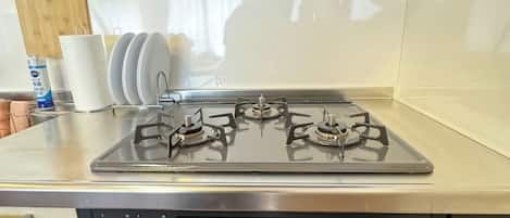 Fridge, microwave, stovetop, cookware/dishes/utensils