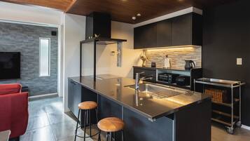 Fridge, microwave, cookware/dishes/utensils