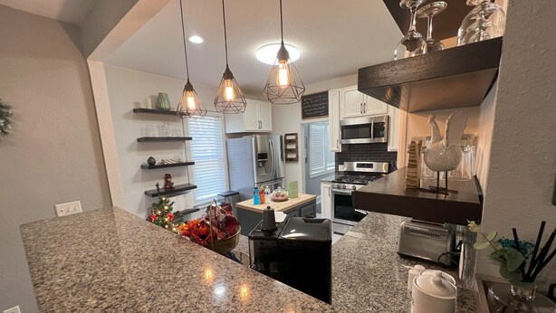 A modern kitchen with granite countertops, stainless steel appliances, and pendant lighting. - Lovely 2 BR 2BA, Close to Mayo and trails (Rochester)