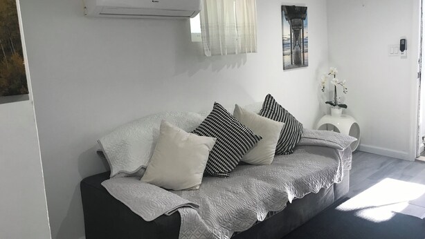 Ett modernt vardagsrum med en grå soffa, mönstrade kuddar, en vit pläd, ett litet sidobord med en krukväxt och en väggmonterad luftkonditioneringsanläggning.