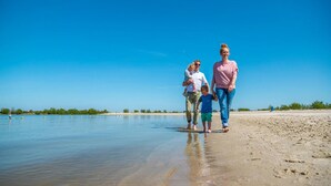 Eine Familie spaziert am Strand bei blauem Himmel.