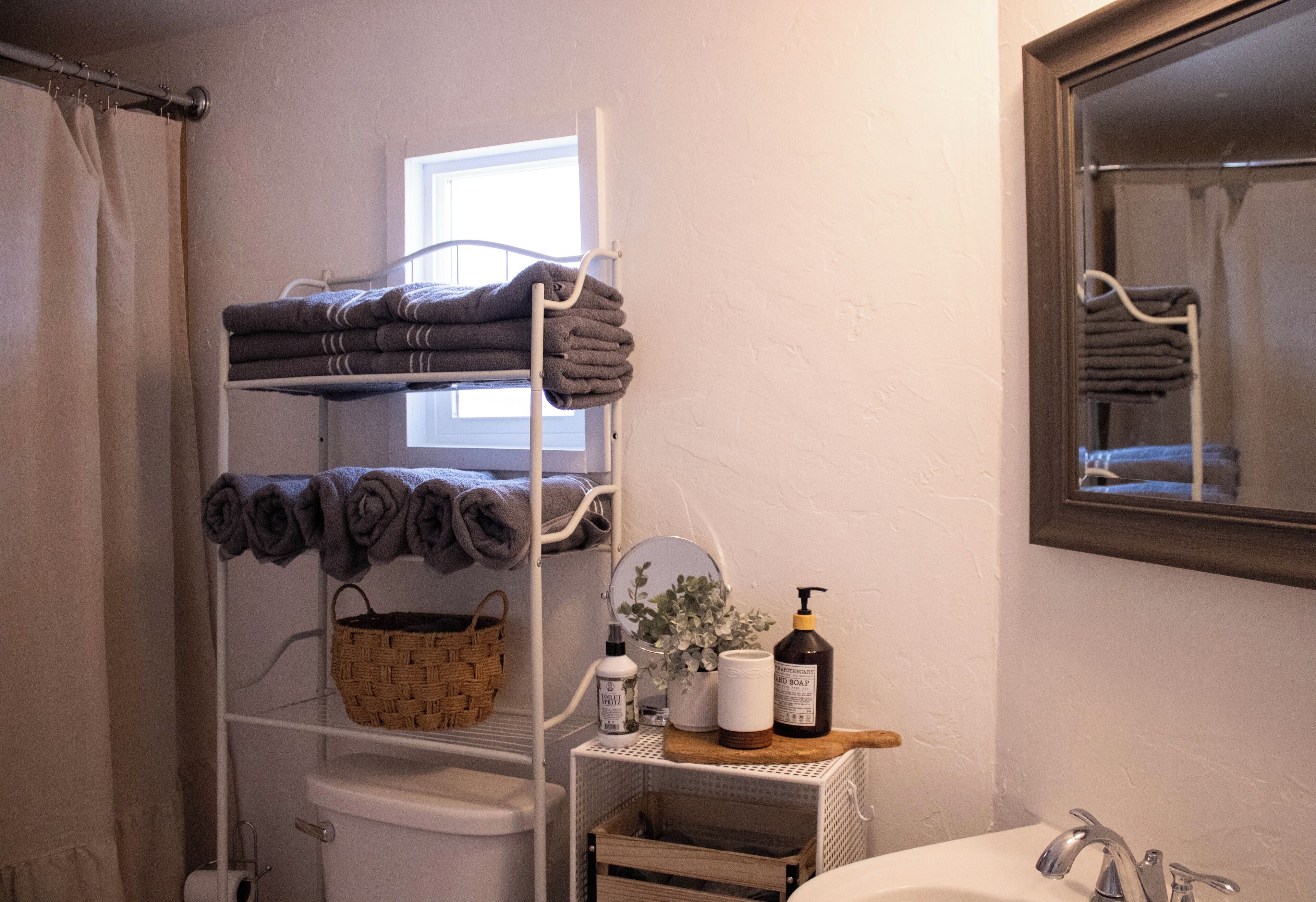 Hair dryer, towels, toilet paper