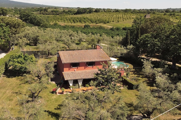 Une maison à toit rouge avec une piscine, entourée d’une végétation luxuriante et d’arbres.