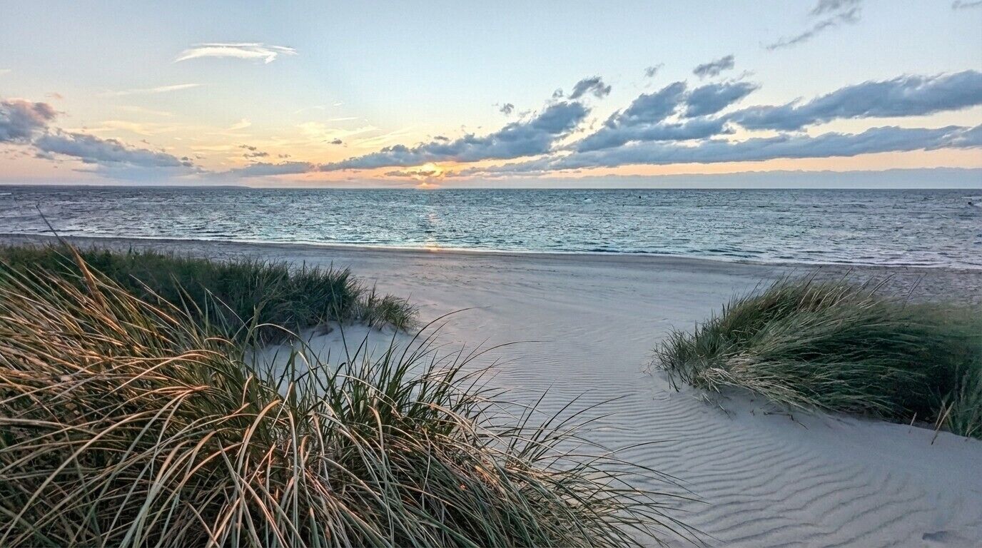 A beach with sand dunes and a view of the ocean.