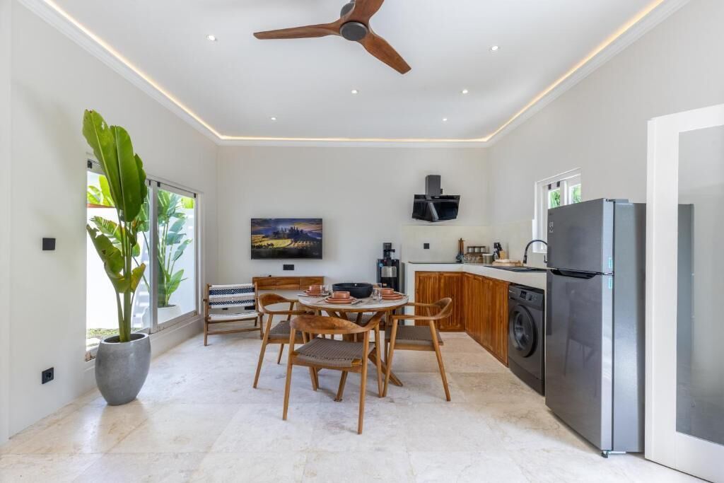 A modern kitchen with a dining area, a ceiling fan, a washing machine, and a large potted plant.