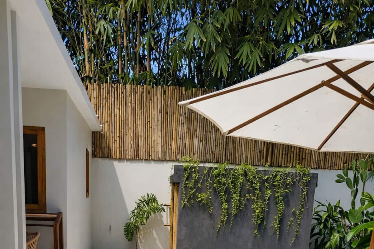 A modern outdoor pool area with a bamboo fence, a pergola with a white umbrella, and a pathway leading to a door.