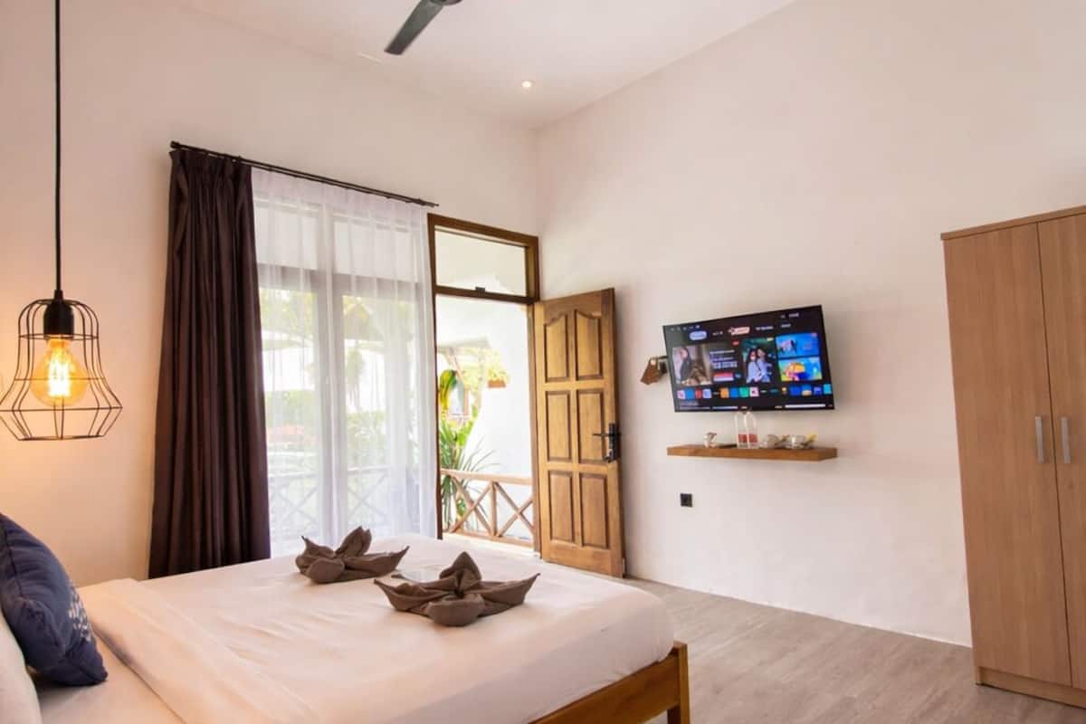 A bedroom with a bed, a ceiling fan, a TV, and a wardrobe.