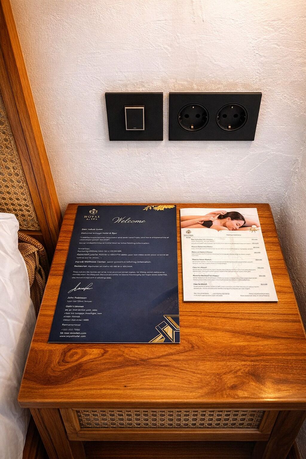 A wooden nightstand with a welcome sign and a menu.
