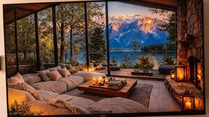 Decoración mural panorámica de una escena nocturna junto al lago, con un sofá, una mesa de centro, una chimenea y una pared de piedra.