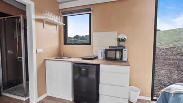 Kühlschrank, Mikrowelle, Herdplatte, Wasserkocher mit Kaffee-/Teezubehör