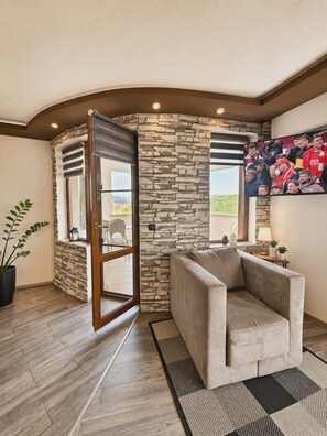 A room with a stone wall, a sofa, a potted plant, and a view through a glass door.