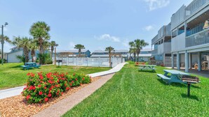 A well-maintained outdoor area with picnic tables, a pathway, and a pool area. - Uncapafew more Beachside - Unit 1602 Island Dunes Condos- One block from Beach (Port Aransas)