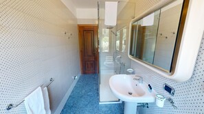 Shower, hair dryer, bidet, towels