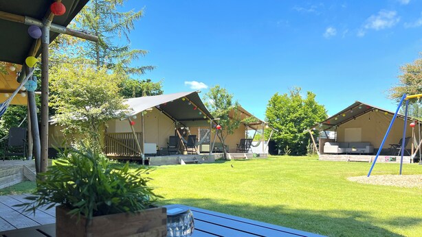 Un espace patio avec une table en bois, un pot de fleurs et une vue sur la propriété, comprenant un coin salon extérieur et un portique.