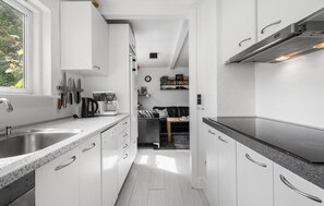 Een koelkast, een oven, een kookplaat, een vaatwasser