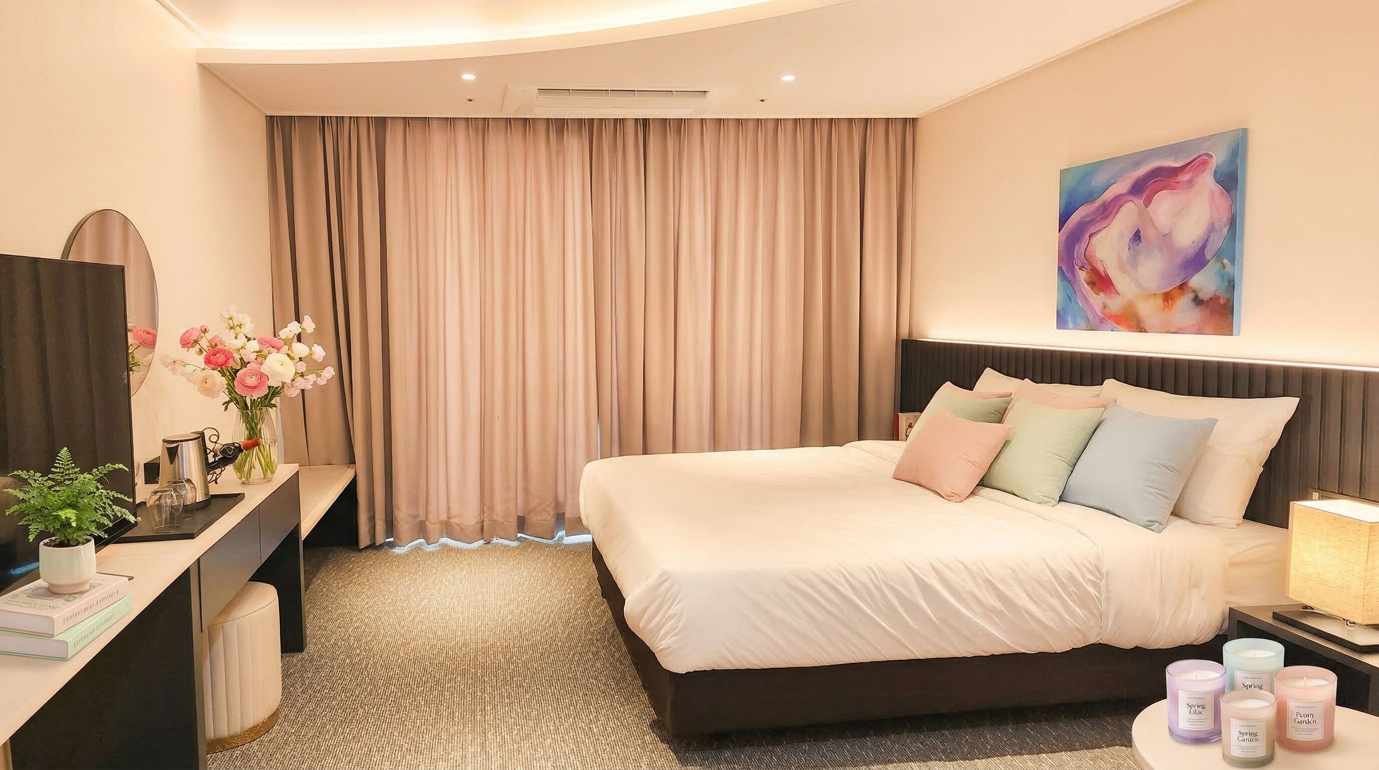 Une chambre d’hôtel avec un lit, un bureau, un miroir, un tableau et une table de chevet avec des bougies.