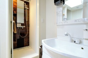 Basic-Apartment, 1 Doppelbett und Schlafsofa, Nichtraucher (301) | Badezimmer | Dusche, Haartrockner, Handtücher, Shampoo