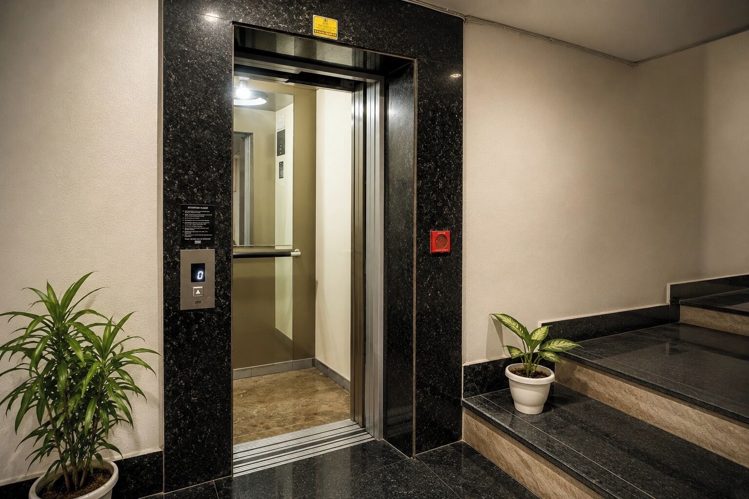 An elevator entrance with a digital display, a red emergency button, and potted plants.