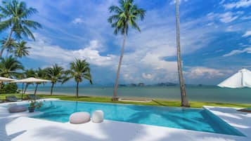 Outdoor pool, pool umbrellas, pool loungers