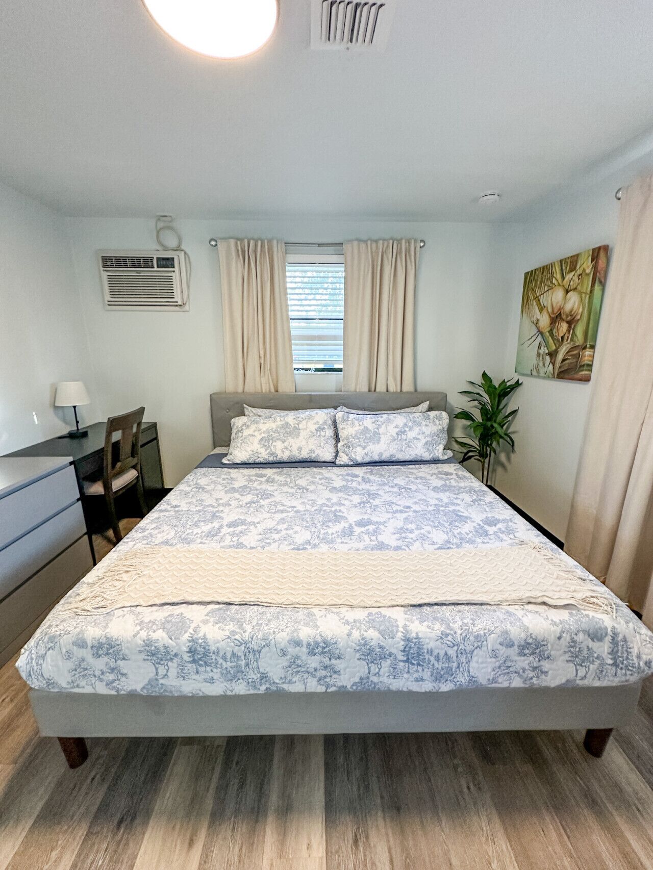 Une chambre à coucher avec un lit, un bureau, une chaise, une plante en pot et une fenêtre avec des rideaux.