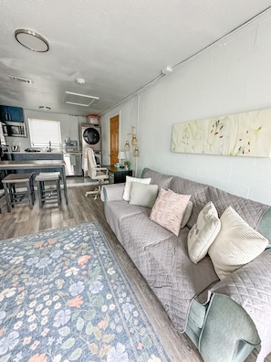 Smart TV, fireplace, books