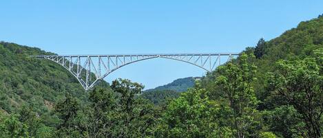 A steel bridge spanning a valley with dense forest on either side.
