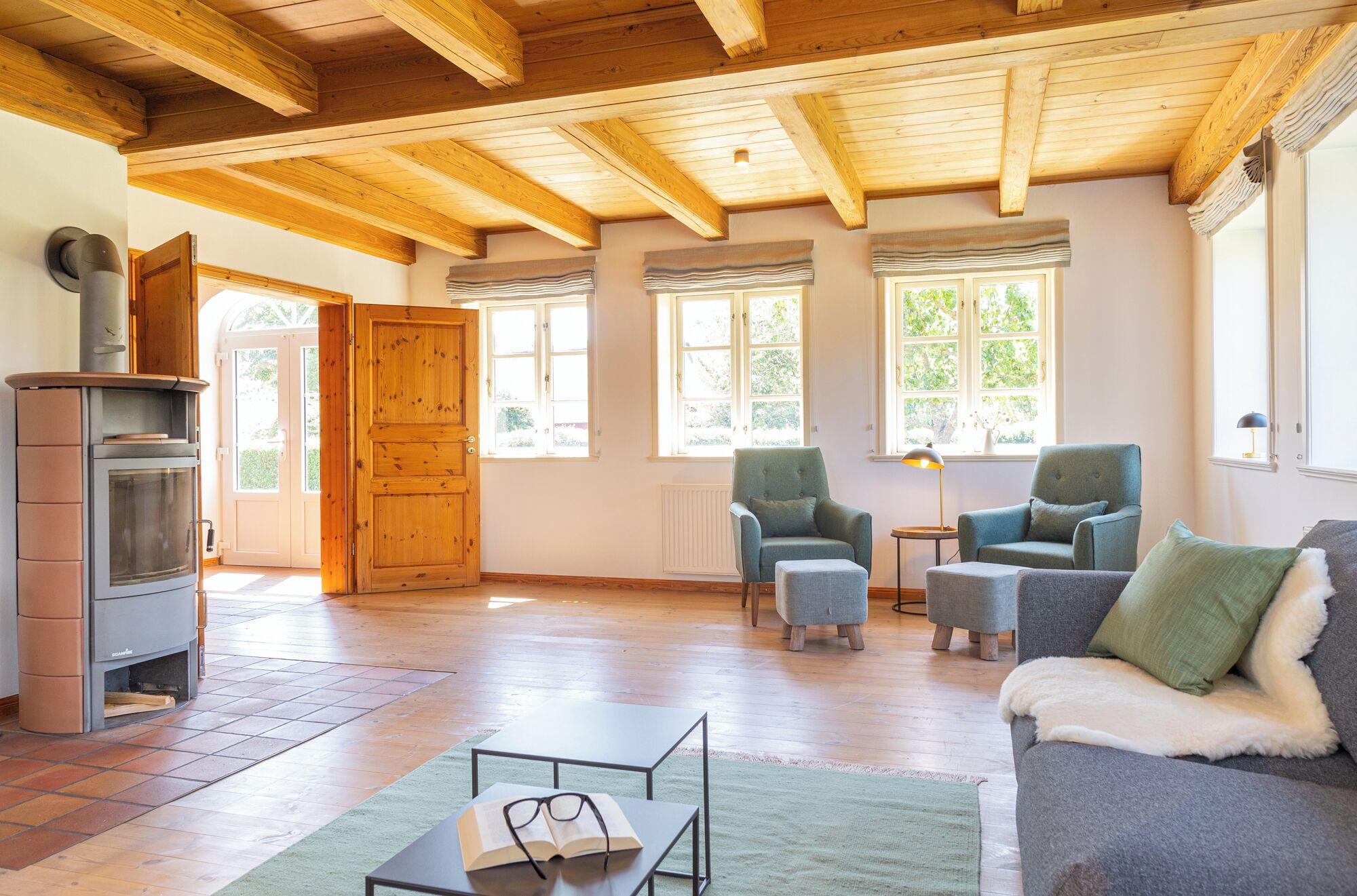 Tv, eldstad och böcker