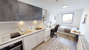 Ein kompaktes Studioapartment mit einer Küchenzeile, einem Bett mit Blick und einer kleinen Arbeitsfläche.