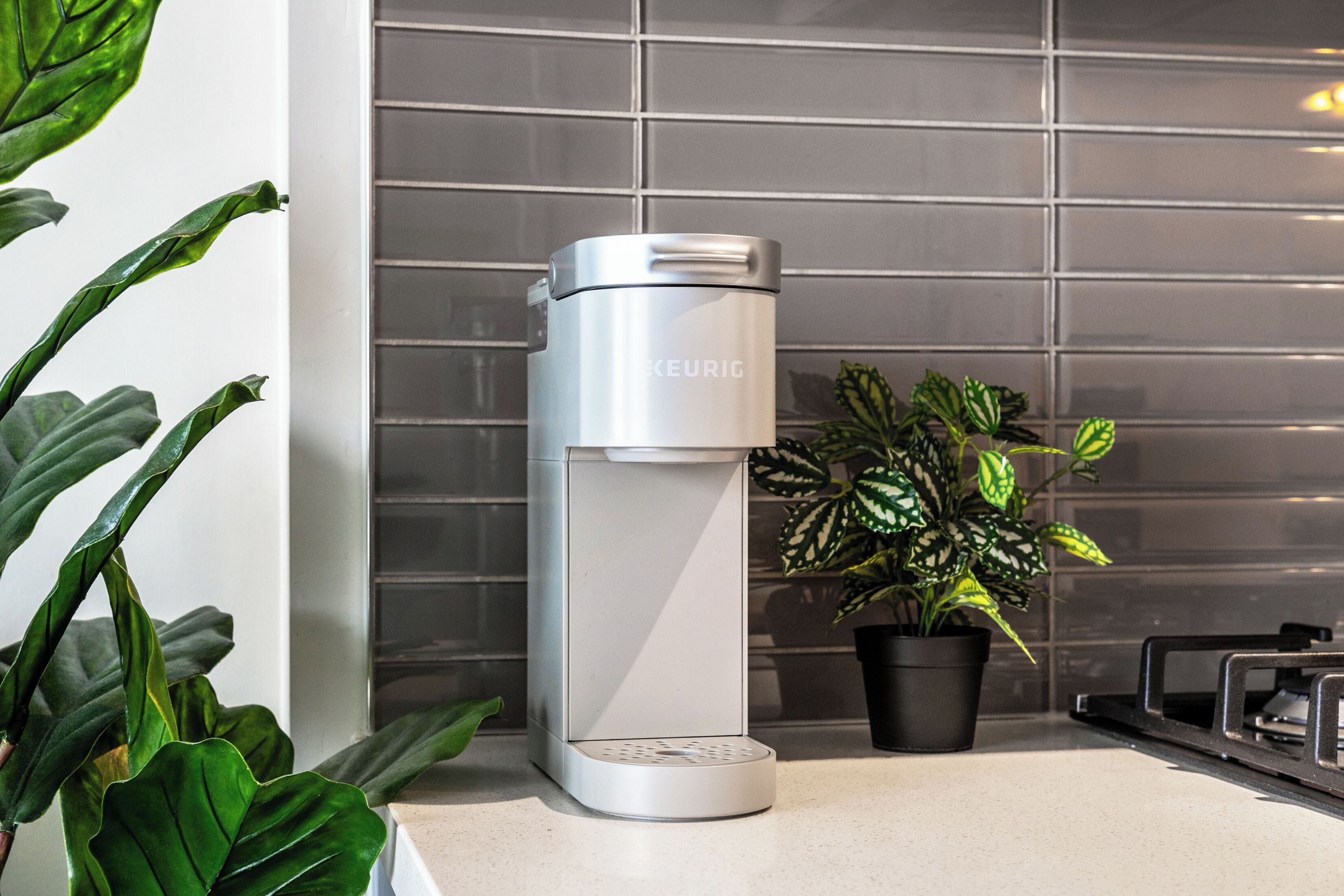 A modern kitchen with a sleek coffee maker, a potted plant, and a tiled backsplash.