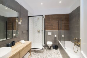 Hair dryer, bidet, towels, soap