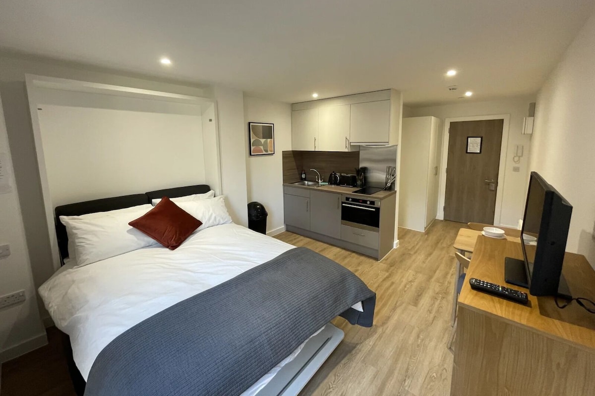 A compact hotel room with a bed, a small kitchenette, a desk with a computer, and a TV.