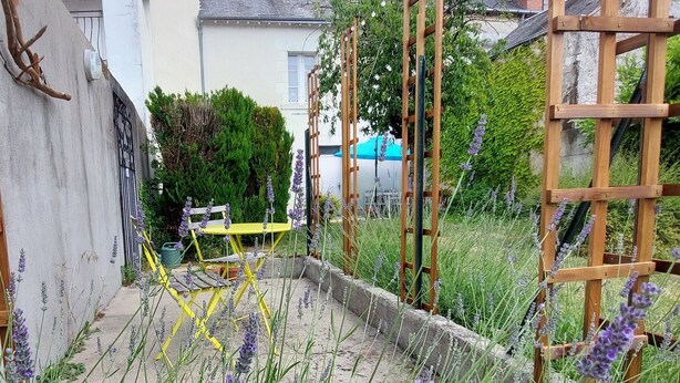 A garden area with a concrete pathway, a wooden ladder, and a yellow chair.