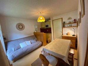 A compact living space with a sofa, a dining table, a wooden chair, a hanging lamp, a microwave, and a small kitchen area.
